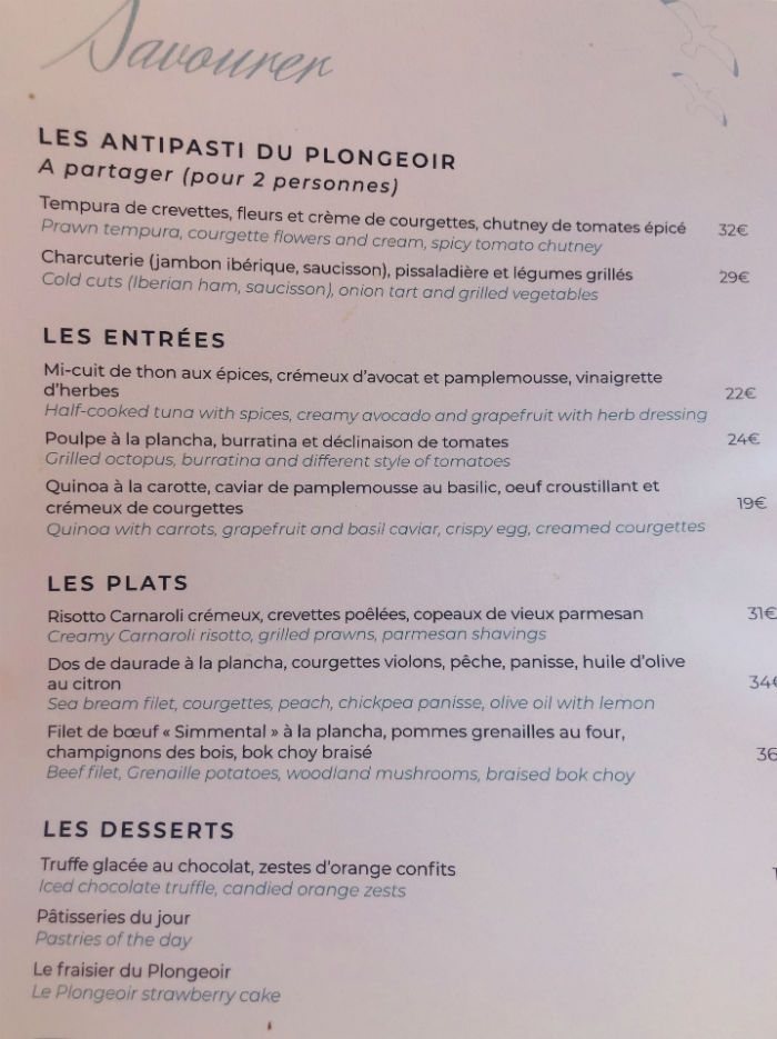 menu le plongeoir nice