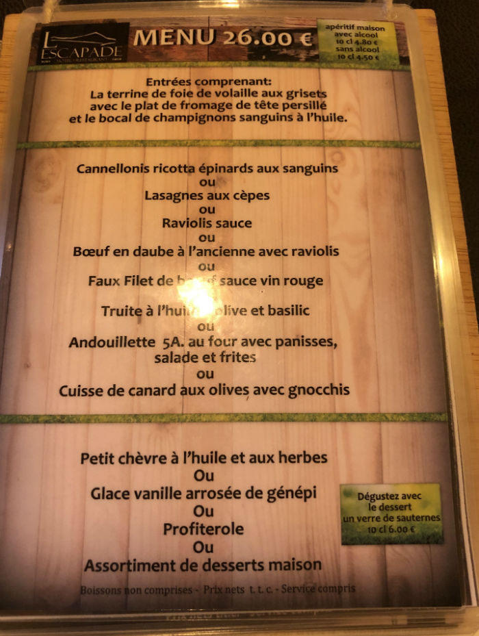 menu restaurant escapade beuil